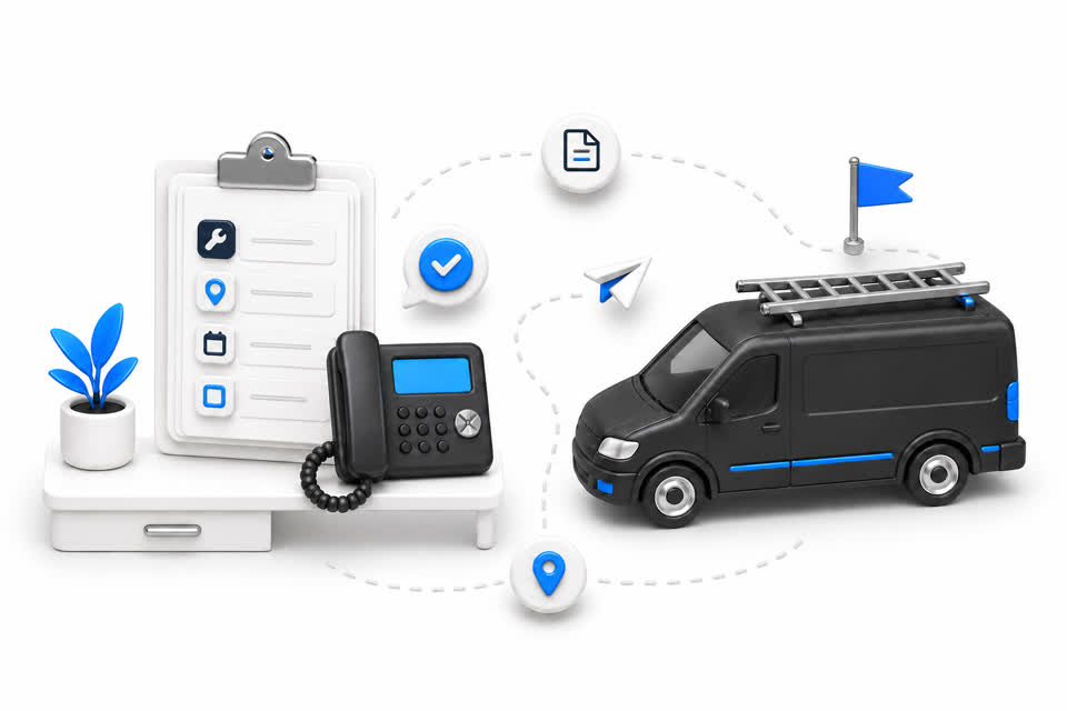 Line-art of office and service van connected by a job handoff path